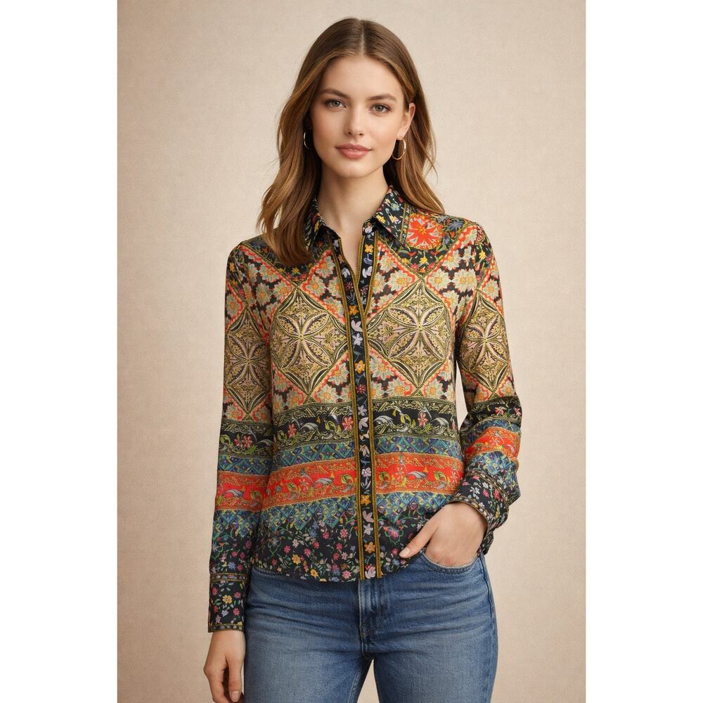 Alice + Olivia Silk Patchwork Tile Print Willa Bl… - image 1